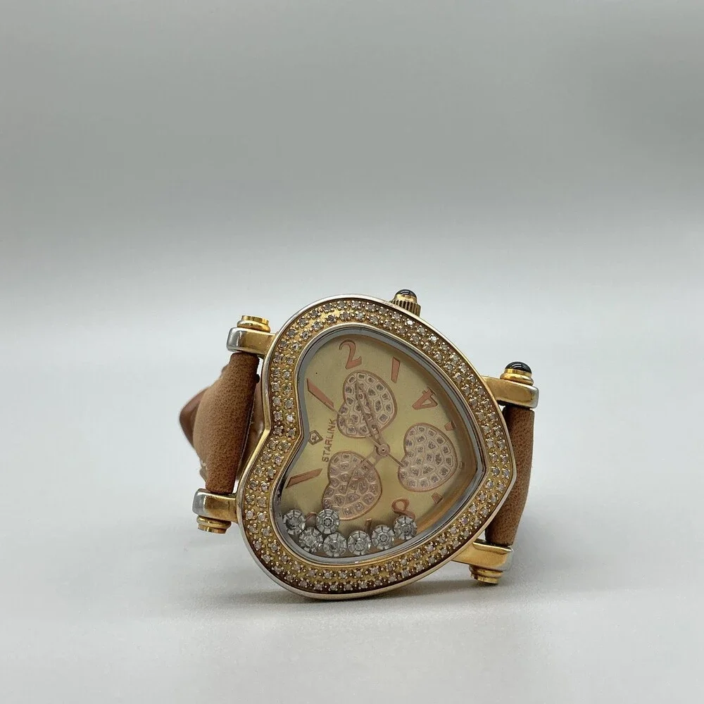 Starlink Womens Watch 38mm Gold Tone Heart Diamond Bezel Leather New Battery